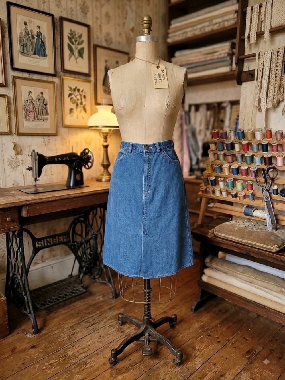 Vintage 70s 80s Plum Tree High Waisted Denim Midi Skirt Western Yoke Size 13/14